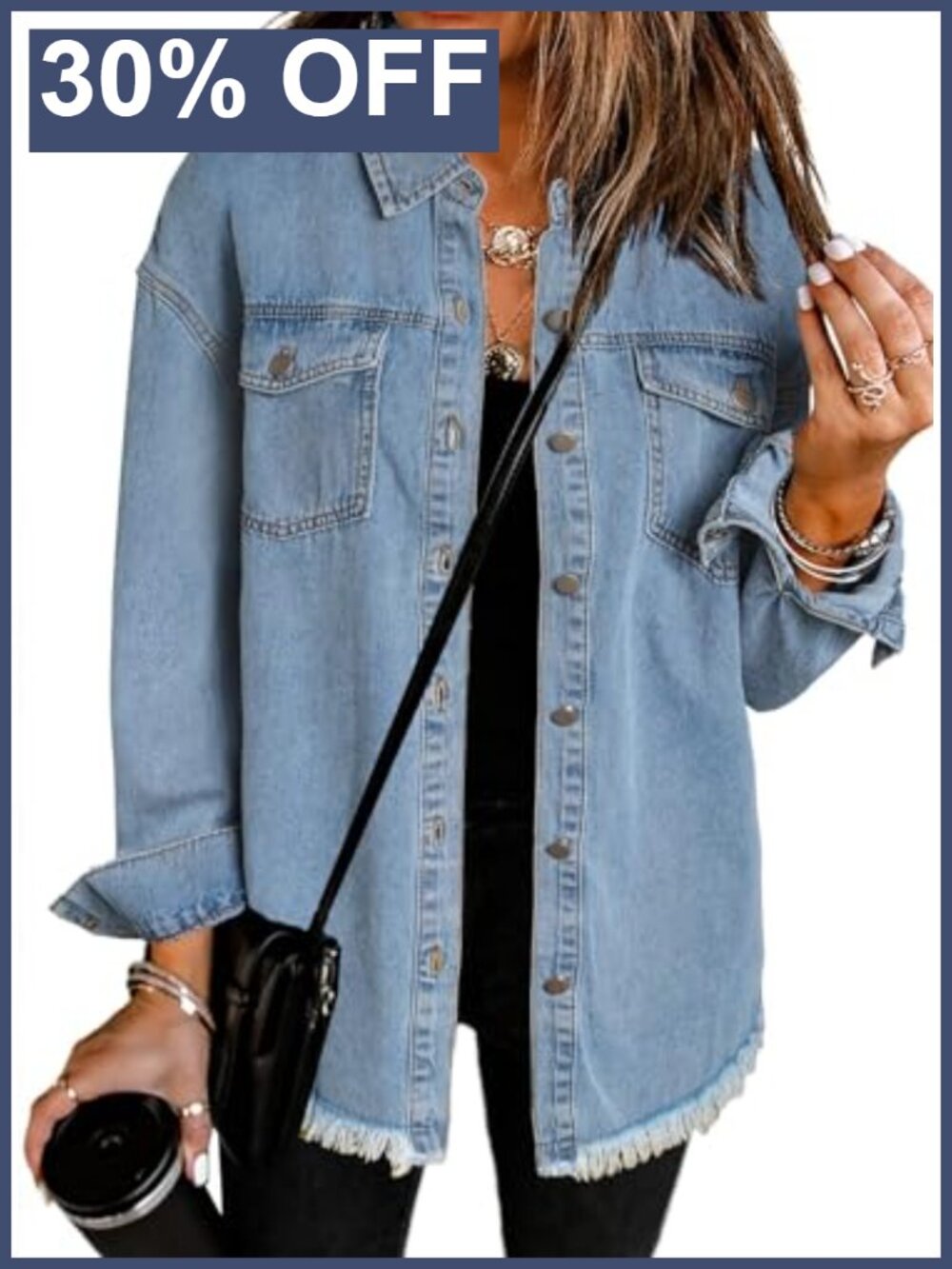 Oversized Distressed Button Down Boyfriend Denim Jacket, Long Sleeve, Loose Fit